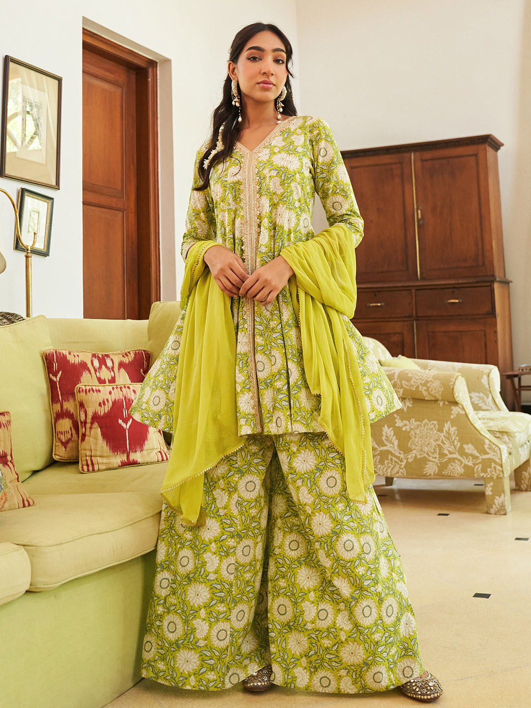 Women's Lime Green Floral Printed Cotton Set - Janasya