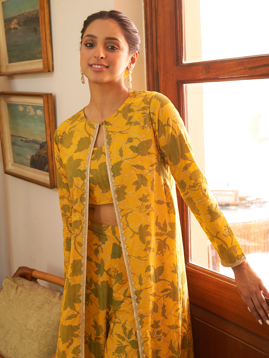 Women's Mustard Botanical Printed Cotton Set - Janasya