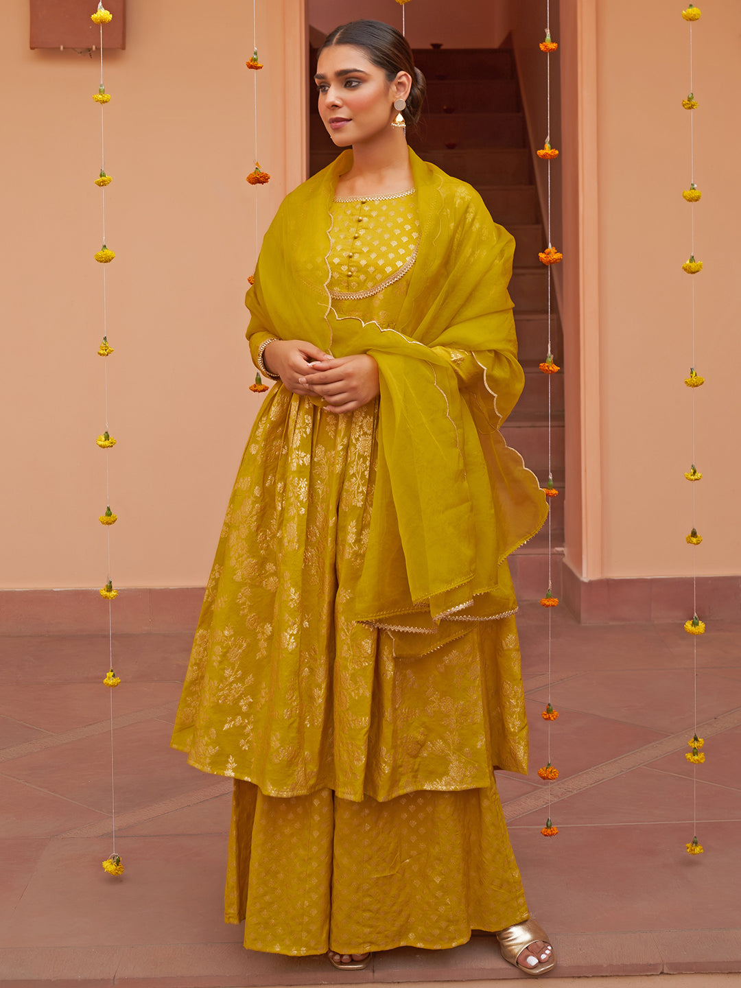 Women's Yellow Brocade Woven Design Kurta Set - Janasya