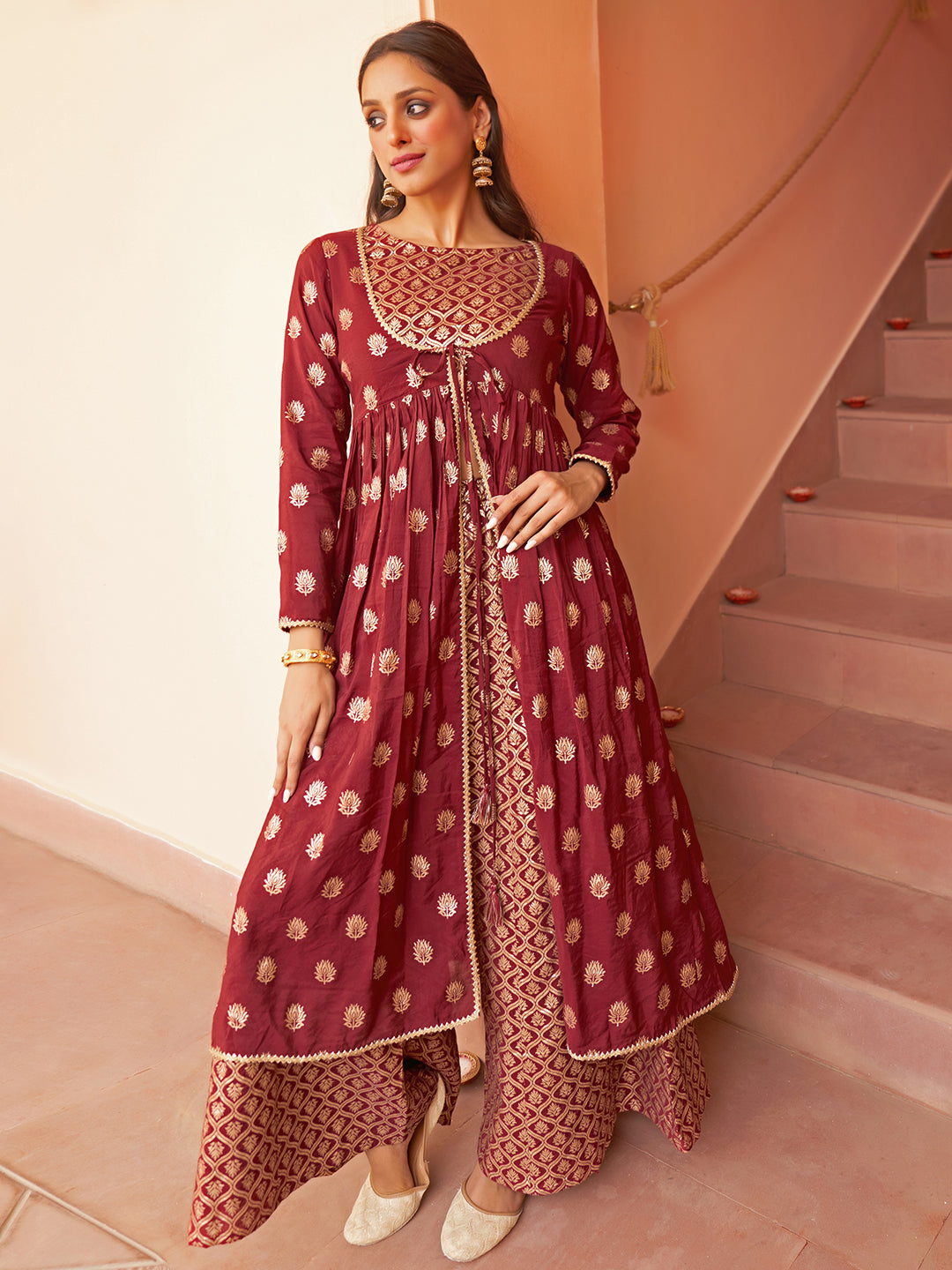 Women's Maroon Brocade Woven Design Top Set - Janasya