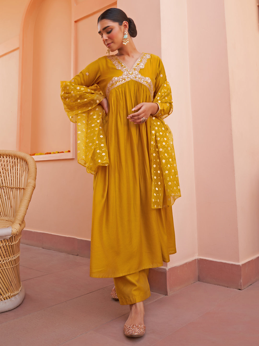 Women's Mustard Chanderi Emabellished Kurta Set - Janasya