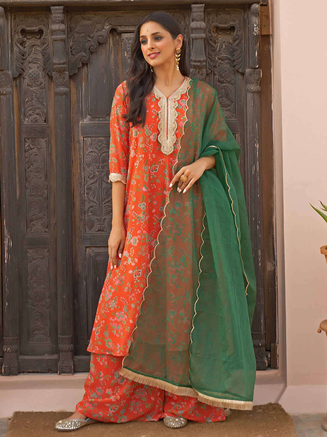 Women's Orange Georgette Botanical Printed Kurta Set - Janasya