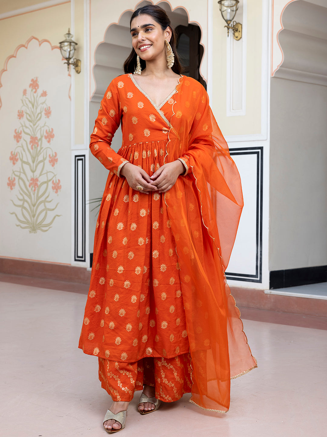 Women's Orange Brocade Woven Design Kurta Set - Janasya