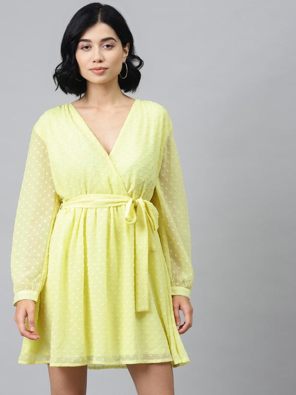 Women's Yellow Wrap Full Sleeves Dress - SASSAFRAS