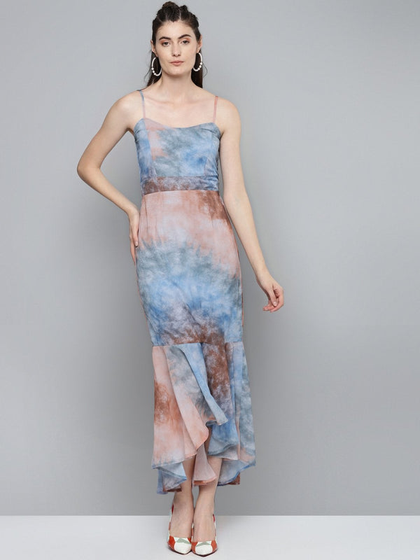 Women's Blue & Brown Tie-Dye Print Strappy Maxi - SASSAFRAS