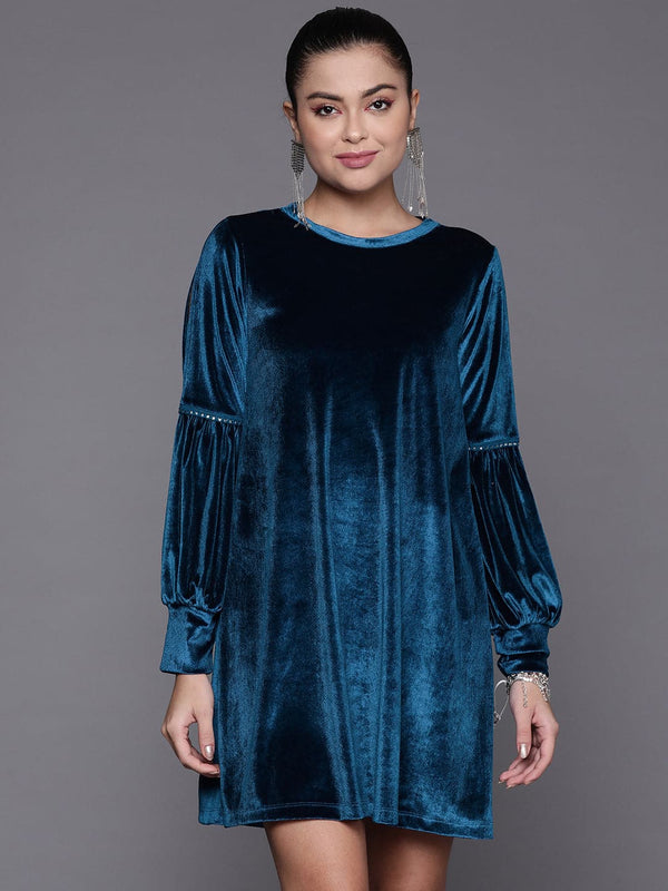 Women's Blue Velvet Full Slevees Loose Fit Dress - Lyush