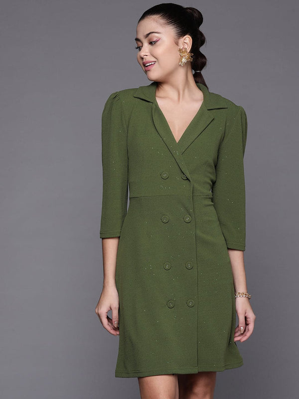 Women's Olive Shimmer Double Breasted Blazer Dress - Lyush