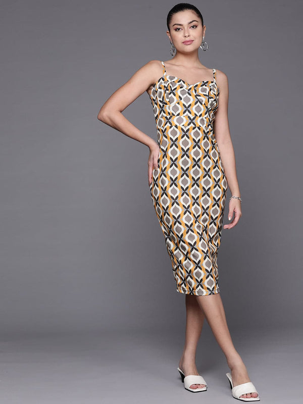 Women's Mustard Geometric Corset Bodycon Dress - Lyush