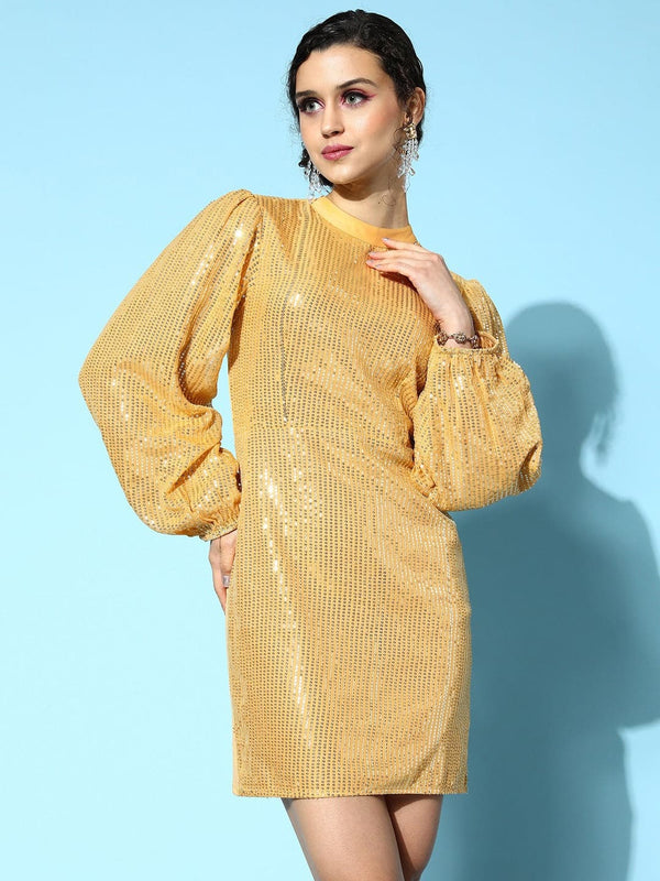 Women's Gold Sequin Puff Sleeves Bodycon Dress - Lyush