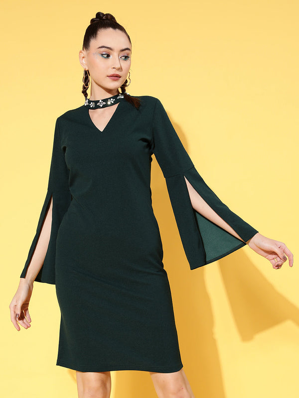 Women's Emerald Cotton Cape Sleeves Choker Shift Dress - Lyush