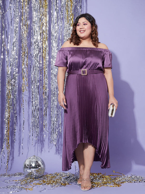 Women's Purple Satin Accordion Pleats Bardot High Low Belt Dress - SASSAFRAS