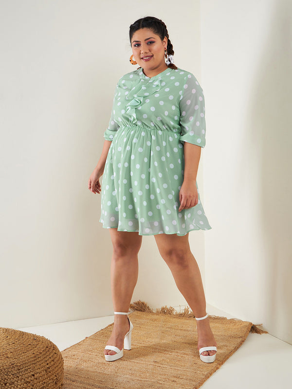 Women's Sea Green Polka Dot Fit & Flare Ruffle Dress - SASSAFRAS