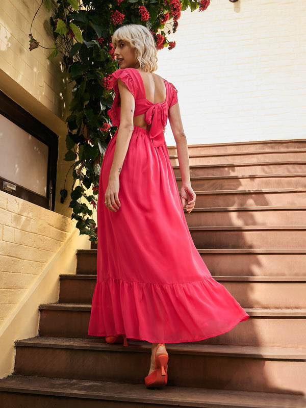 Women's Fuchsia Square Neck Frill Hem Maxi Dress - SASSAFRAS