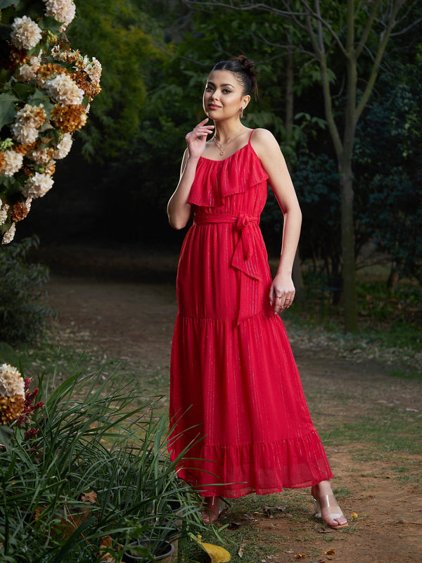 Women's Red Chiffon Lurex Strappy Ruffle Maxi Dress - SASSAFRAS