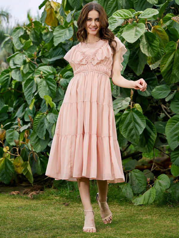 Women's Nude Frilly Tiered Midi Dress - SASSAFRAS