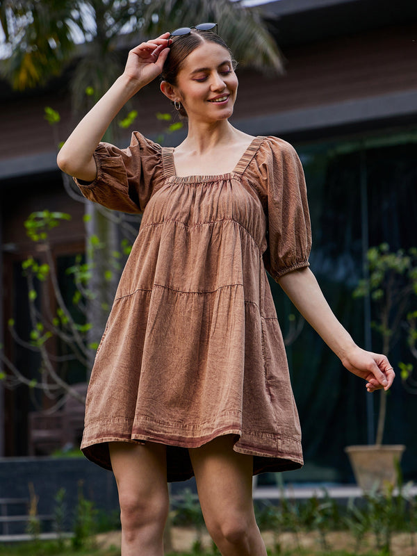 Women's Brown Washed Tiered Dress - SASSAFRAS