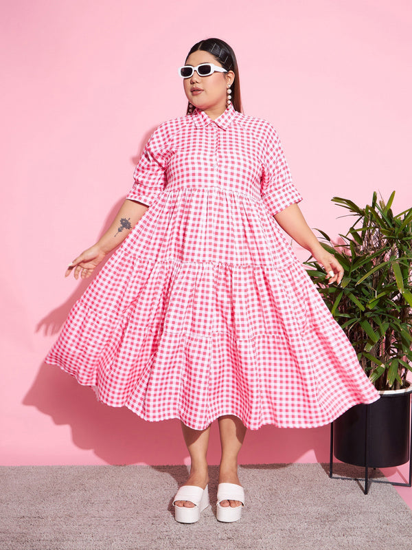 Women's Neon Pink Check Midi Dress - SASSAFRAS