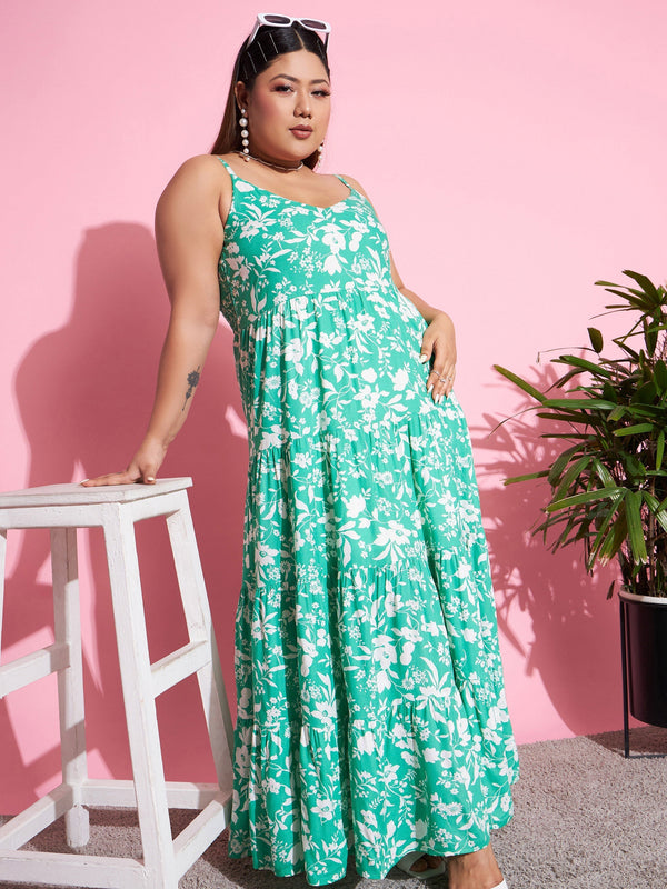 Women's Green & White Floral Rayon Tiered Maxi Dress - SASSAFRAS