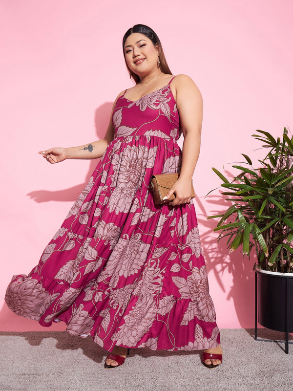 Women's Magenta Floral Tiered Maxi Dress - SASSAFRAS