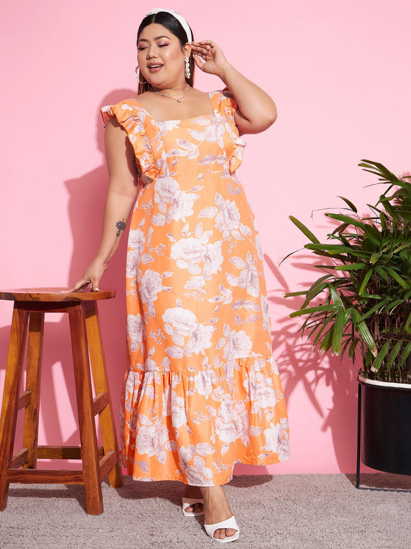 Women's Orange Floral Back Cut-out Maxi Dress - SASSAFRAS