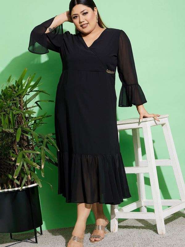 Women's Black Chain Detail Wrap Dress - SASSAFRAS