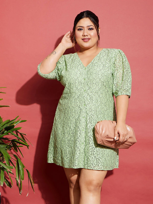 Women's Green Lace Front Button Dress - SASSAFRAS