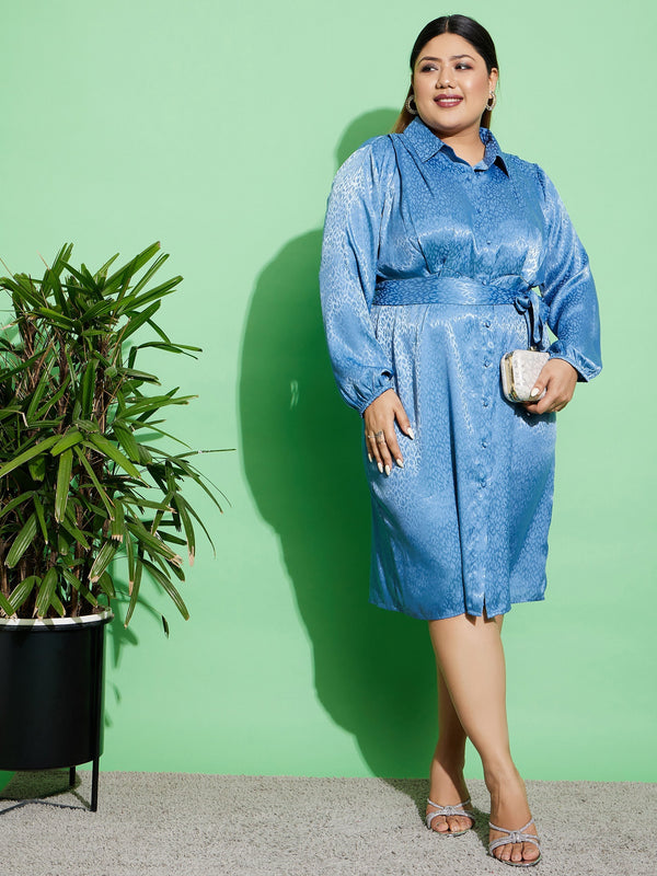 Women's Blue Satin Jacquard Belted Shirt Dress - SASSAFRAS