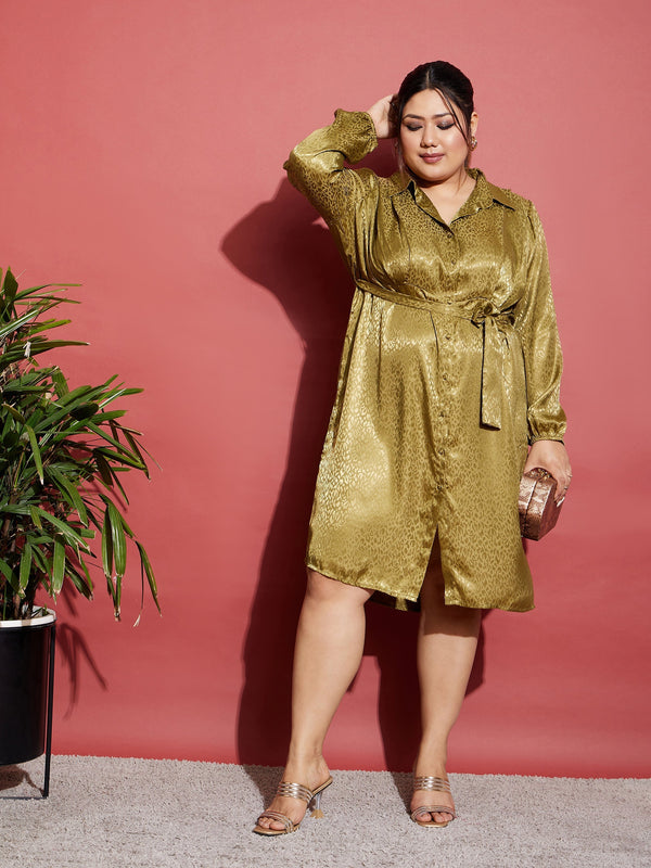 Women's Olive Satin Jacquard Belted Shirt Dress - SASSAFRAS