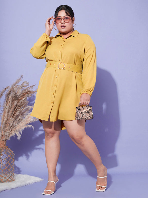 Women's Mustard Front Open Button Shirt Dress - SASSAFRAS