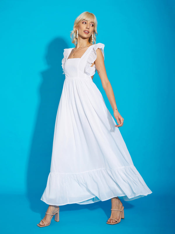 Women's White Square Neck Frill Hem Maxi Dress - SASSAFRAS