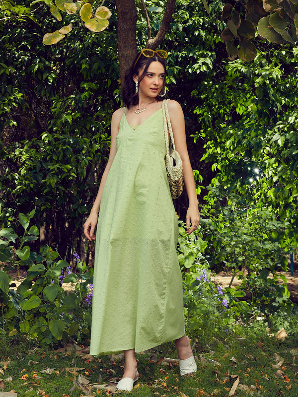 Women's Lime Green Schiffli Strappy Maxi Dress - SASSAFRAS