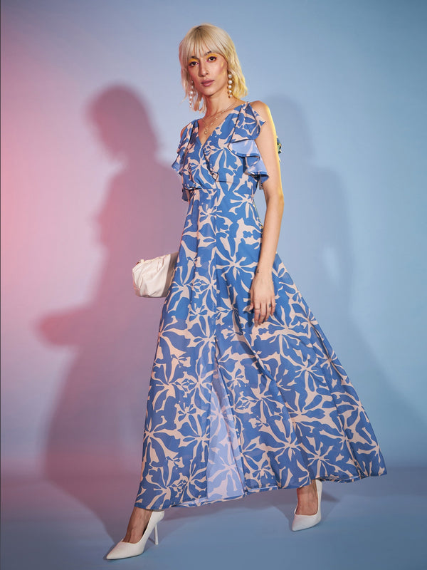 Women's Blue Abstract Frill Sleeve Maxi Dress - SASSAFRAS