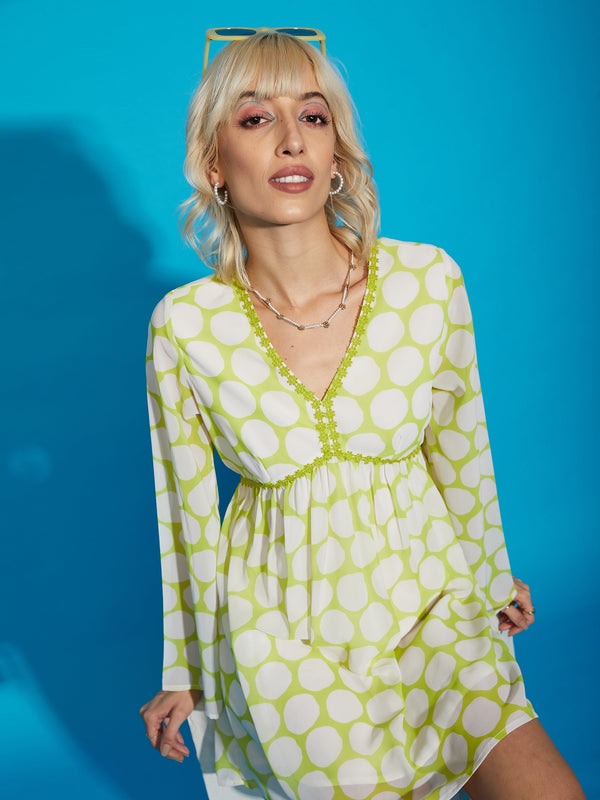 Women's Green Polka Dot Flared Sleeve Skater Dress - SASSAFRAS