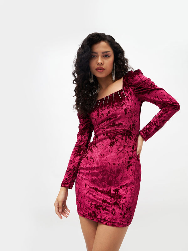 Women's Red Velvet Puff Sleeves Bodycon Dress - Lyush