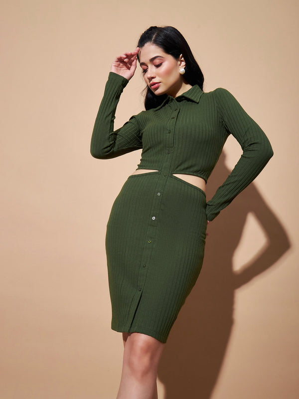 Women's Olive Side Cut-Out Bodycon Rib Dress - Lyush