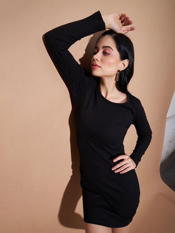 Women's Black Basic Bodycon Rib Dress - Lyush