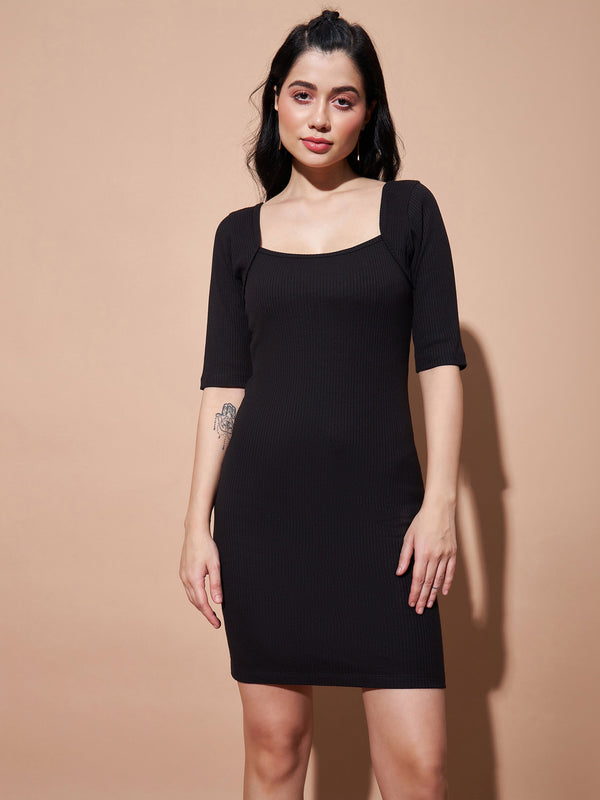 Women's Black Rib Square Neck Short Dress - Lyush