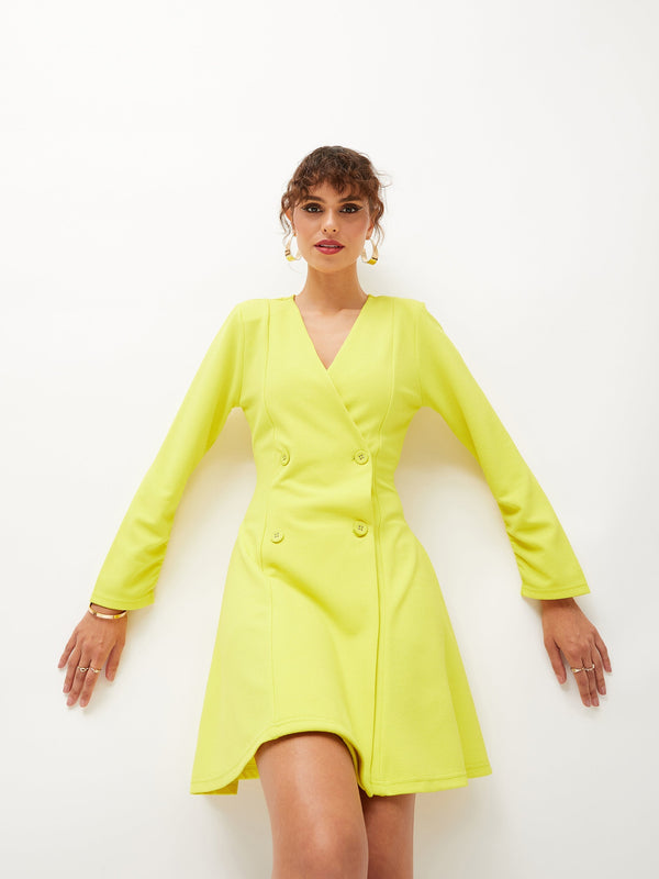 Women's Neon Yellow Knitted Wrap Dress - Lyush