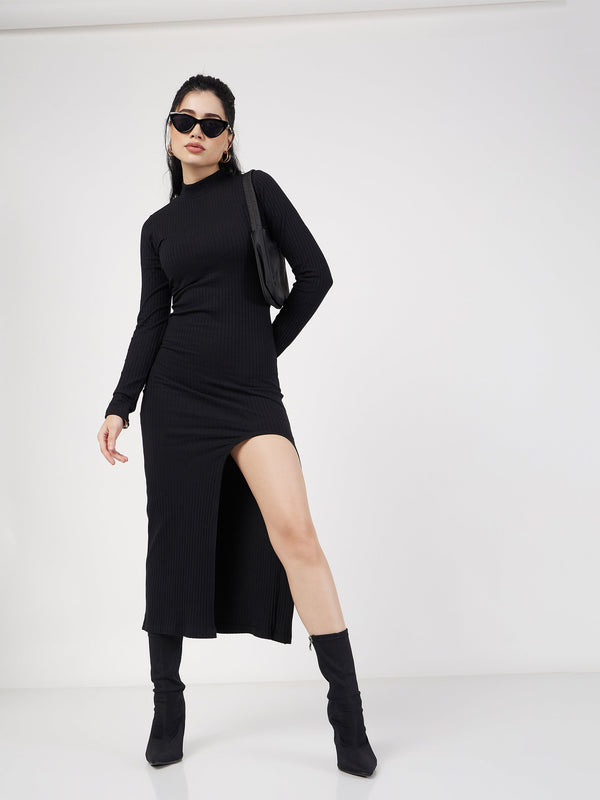 Women's Black Rib Turtle Neck Front Slit Dress - Lyush