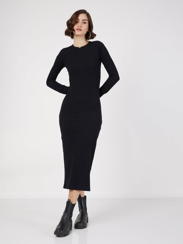 Women's Black Rib Bodycon Midi Dress - Lyush