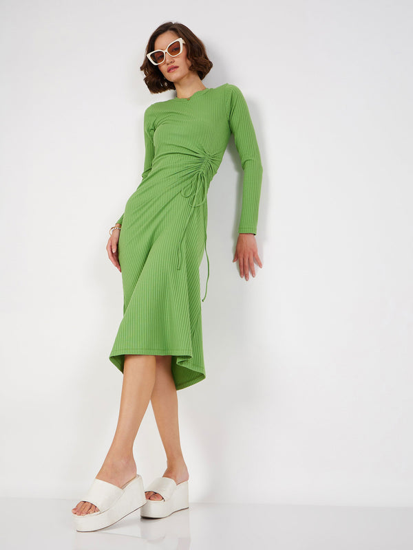 Women's Green Rib Side Ruched Bodycon Midi Dress - Lyush