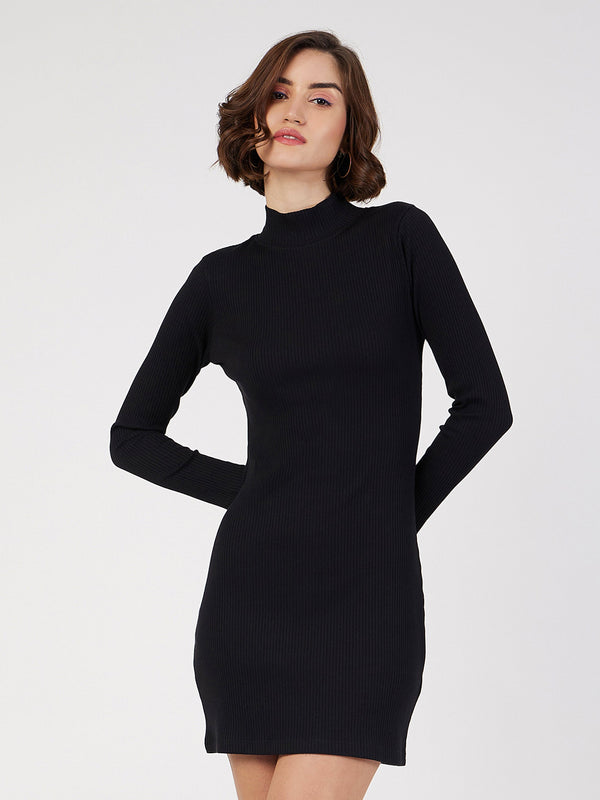 Women's Black Rib Turtle Neck Short Dress - Lyush