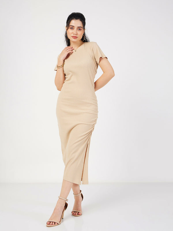 Women's Beige Rib Side Ruched Bodycon Maxi Dress - Lyush