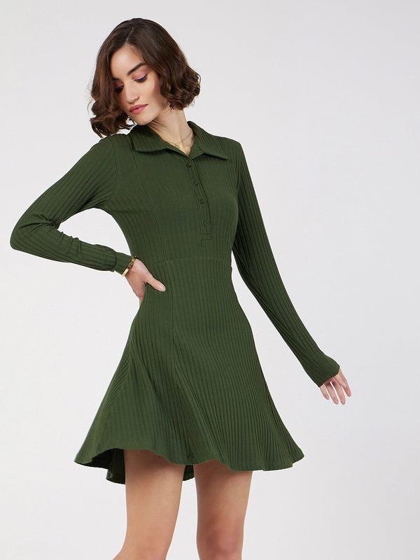 Women's Olive Rib Polo Neck Skater Dress - Lyush