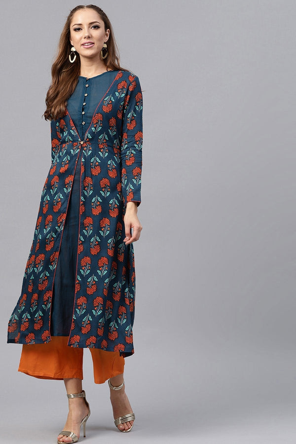 Women's Blue Crinkled Ethnic Kurta With Jacket - SHAE