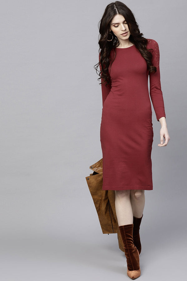 Women's Maroon Bodycon Studded Dress - SASSAFRAS