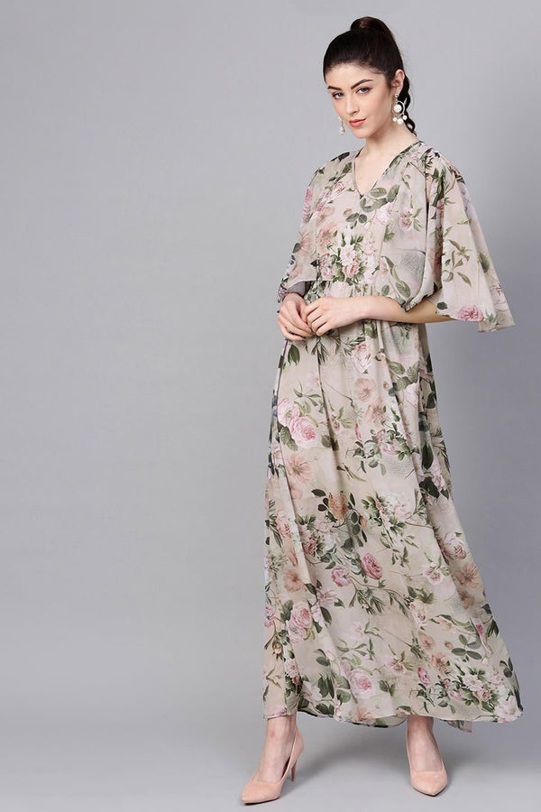 Women's Pista Green Floral Cape Maxi - SASSAFRAS