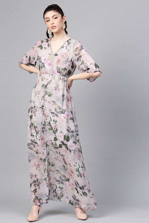 Women's Pista Green Floral V-Neck Maxi - SASSAFRAS