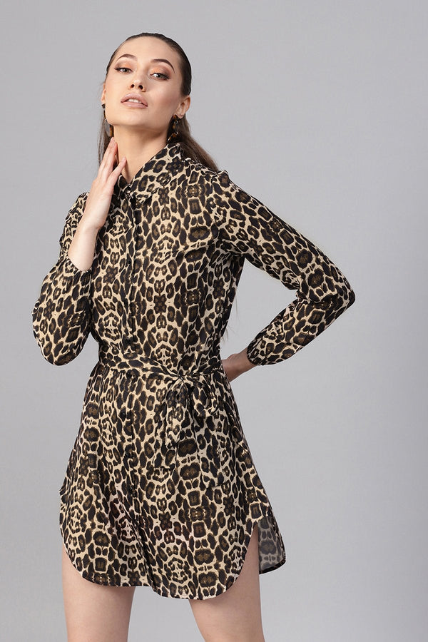 Women's Black Cheetah Front Open Shirt Dress - SASSAFRAS