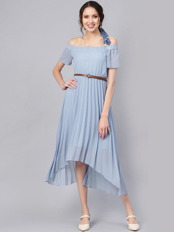 Women's Blue Off Shoulder High Low Belted Pleated Dress - SASSAFRAS